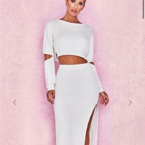 House of CB White Ribbed Maxi Skirt with High Side Slit